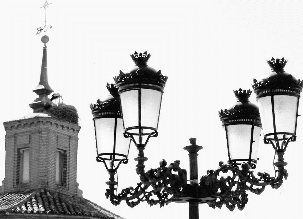 Fotografía blanca y negra con una farola en primer plano y de fondo una cigüeña en su nido en lo alto de la catedral.
